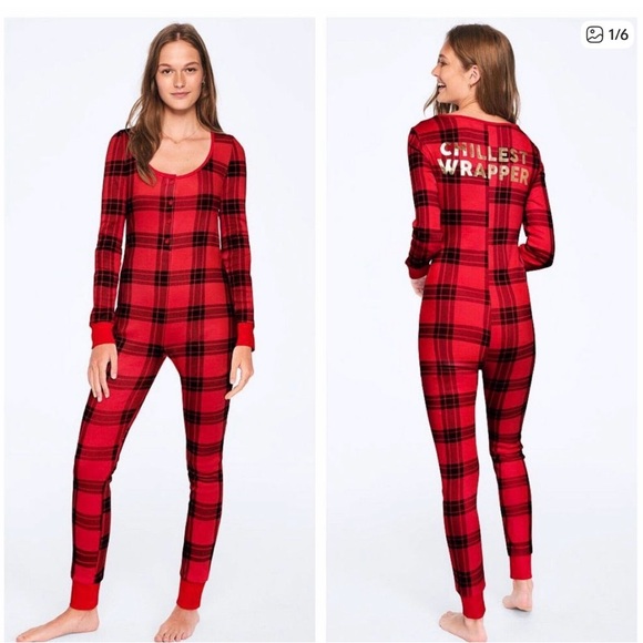 PINK Victorias Secret One Piece Pajama Cozy Sleep Red & Black Plaid Bling
